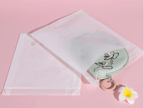 A translucent glassine bag holding a floral pouch