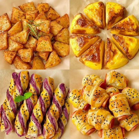 A variety of freshly baked foods, including seasoned roasted potatoes, cheese-filled pastries, twisted breadsticks, and hot dog rolls, all arranged on parchment paper