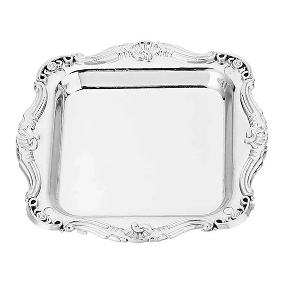 Add elegance to your table with vintage-style square plastic plates. Perfect for serving desserts, chocolates, and snacks. Available in gold and silver. Set of 12.