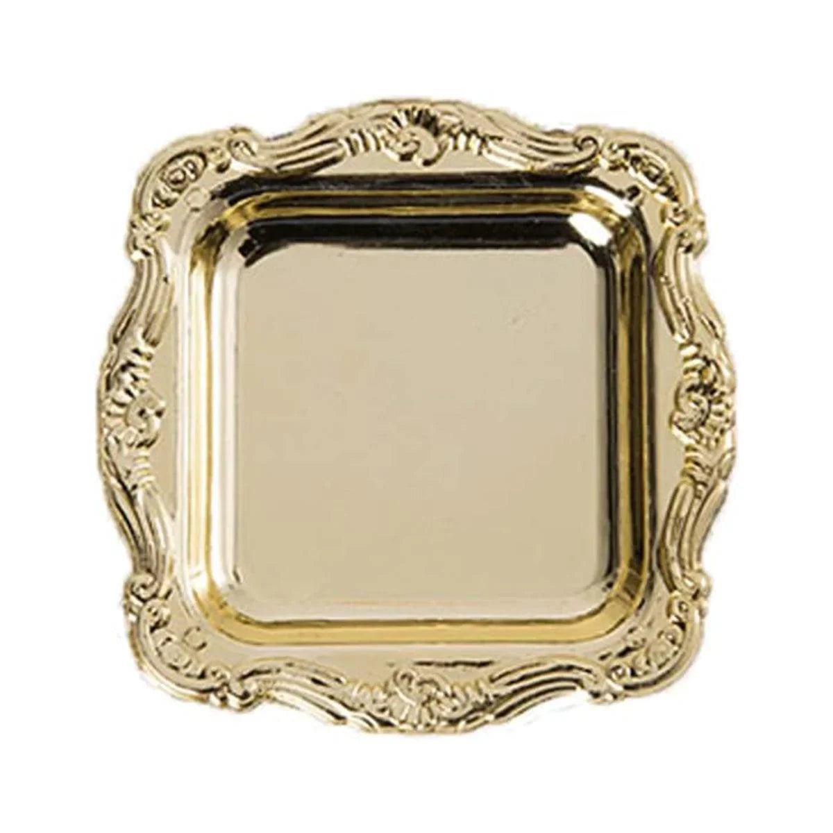 Add elegance to your table with vintage-style square plastic plates. Perfect for serving desserts, chocolates, and snacks. Available in gold and silver. Set of 12.