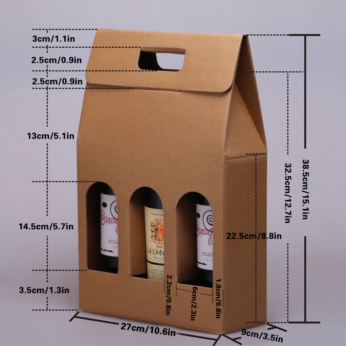 5PCS 3 Bottle Kraft Paper Wine Gift Boxes with Handle Packaging