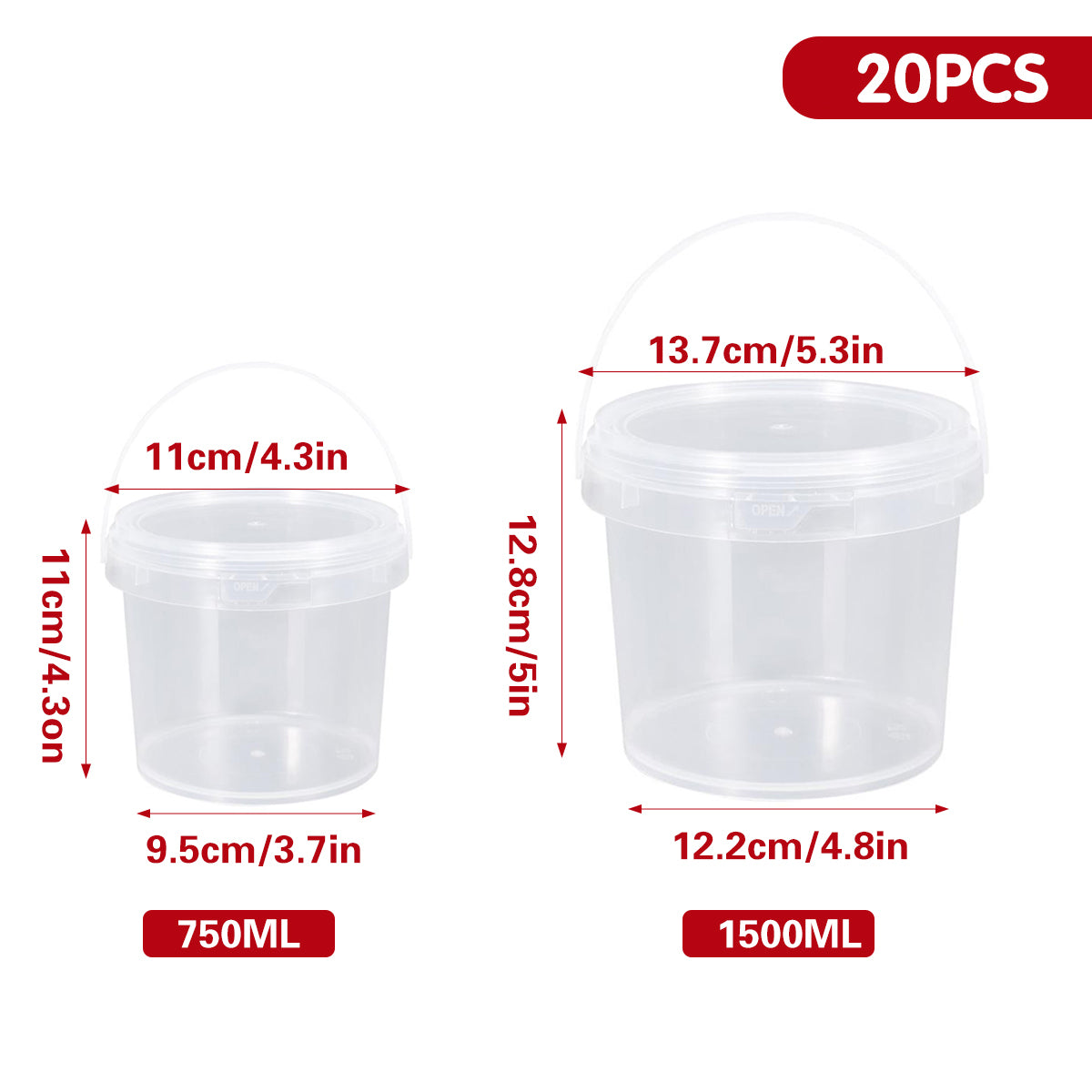 20PCS Food Grade Plastic Sealed Containers 750ml 1500ml Transparent Storage