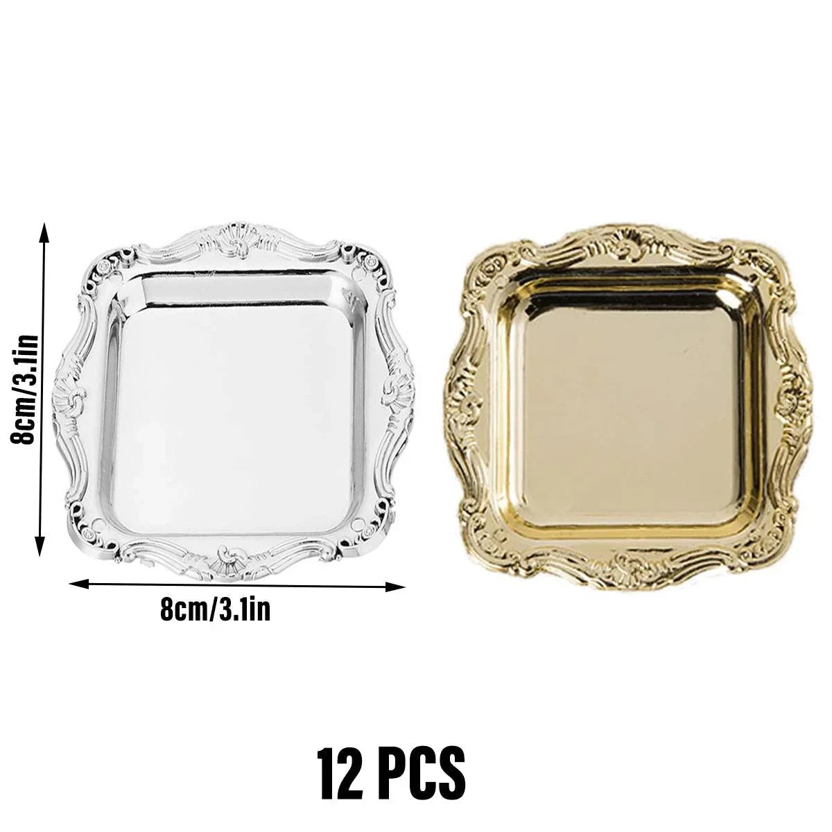 Add elegance to your table with vintage-style square plastic plates. Perfect for serving desserts, chocolates, and snacks. Available in gold and silver. Set of 12.
