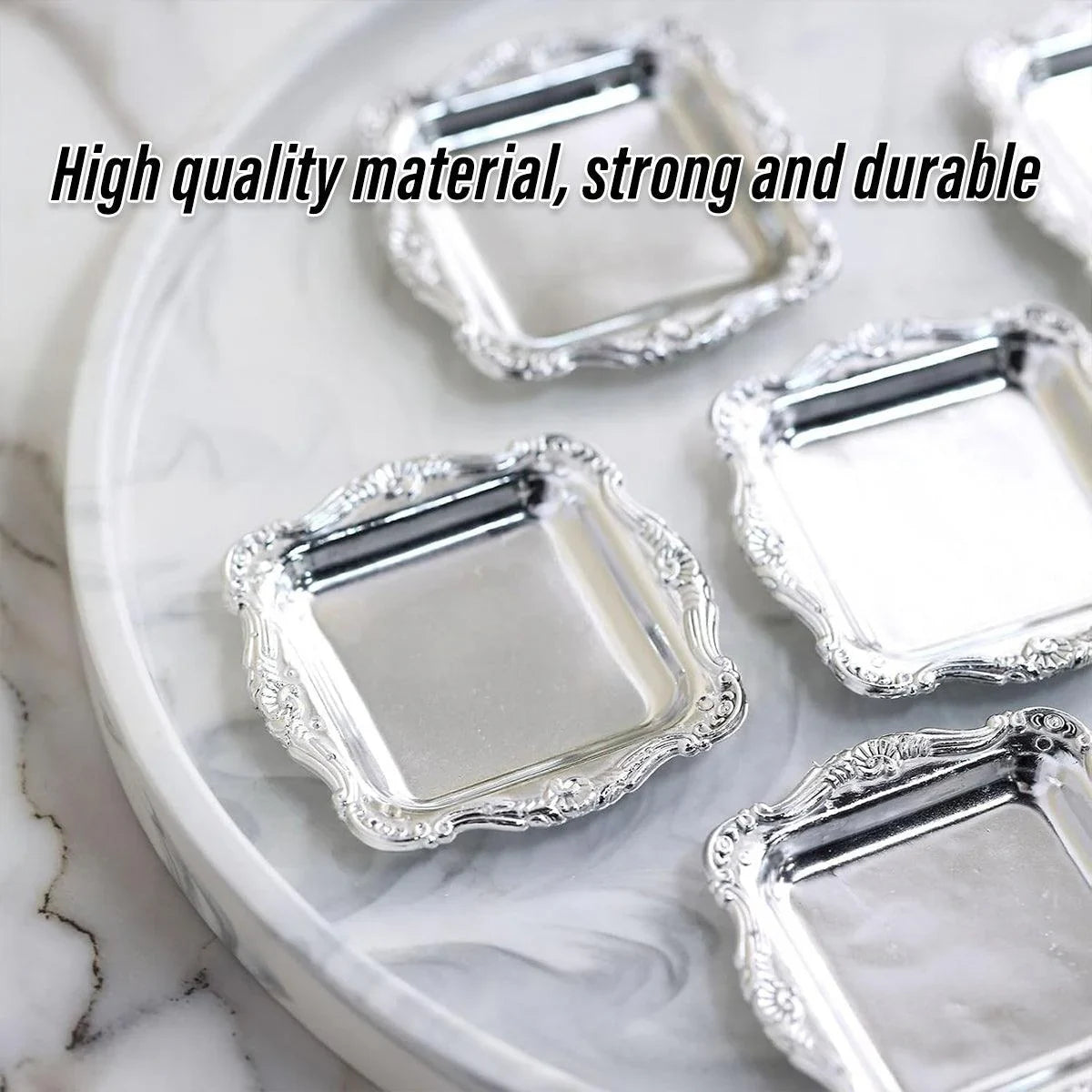 Add elegance to your table with vintage-style square plastic plates. Perfect for serving desserts, chocolates, and snacks. Available in gold and silver. Set of 12.