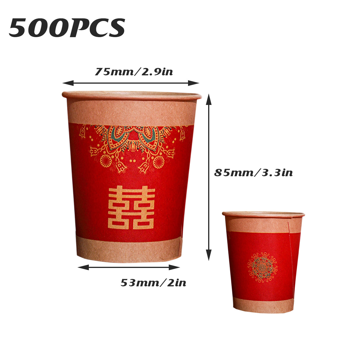 500PCS Double Happiness Printed Paper Cups Wedding Hot Cold Drink Cups