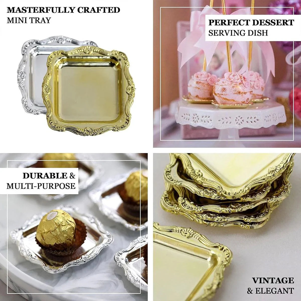 Add elegance to your table with vintage-style square plastic plates. Perfect for serving desserts, chocolates, and snacks. Available in gold and silver. Set of 12.