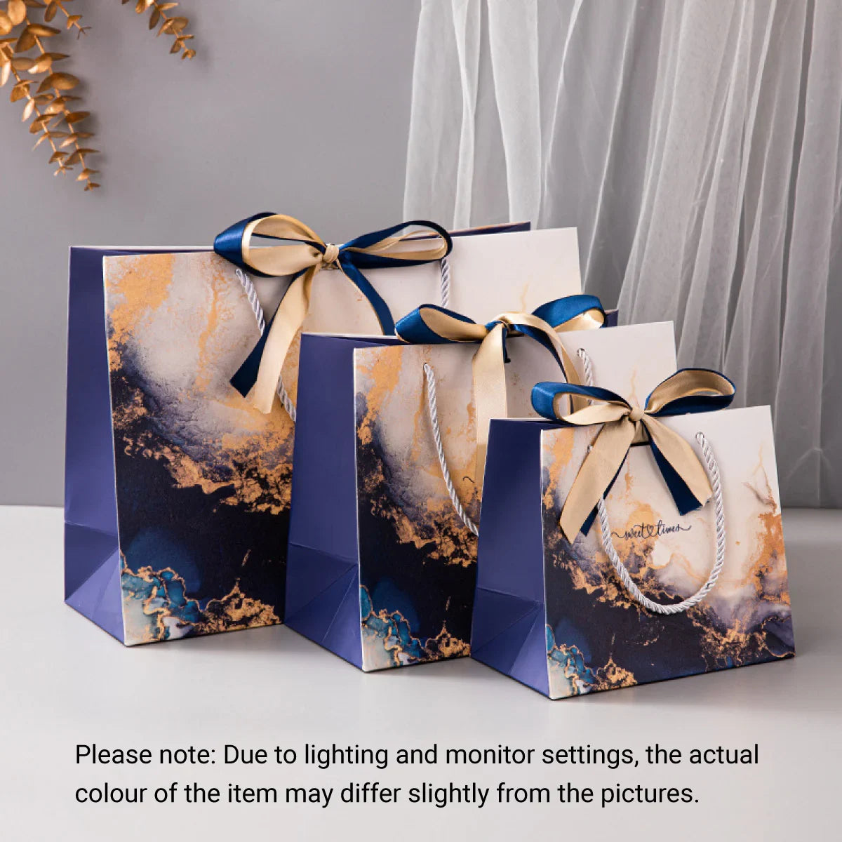 Marble Texture Gift Bag with Ribbon 10PCS White
