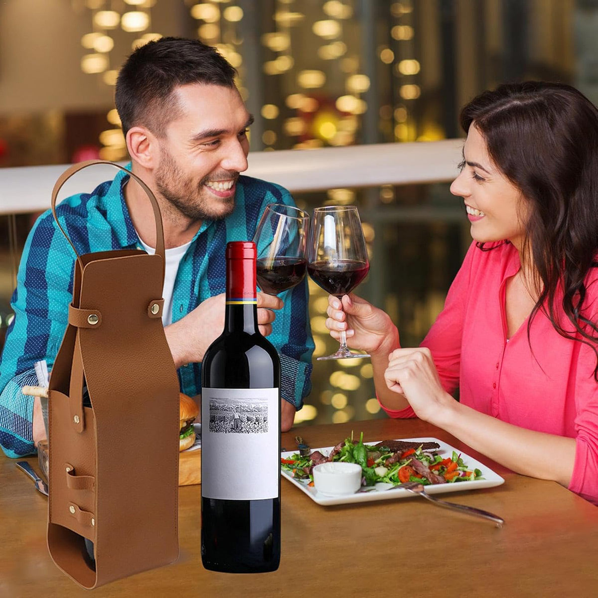 2PCS PU Leather Wine Tote Bag Portable Single Bottle Gift Carrier