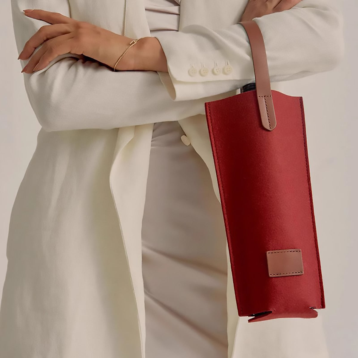 Felt Wine Tote Bag Single Bottle Carrier with Leather Handle