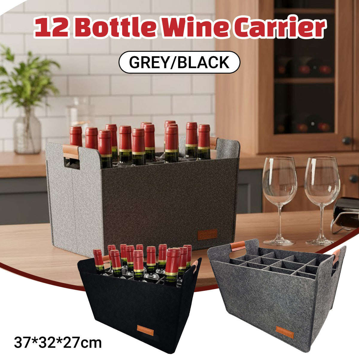 Portable 12 Bottle Wine Carrier Felt Storage Case 40kg Capacity