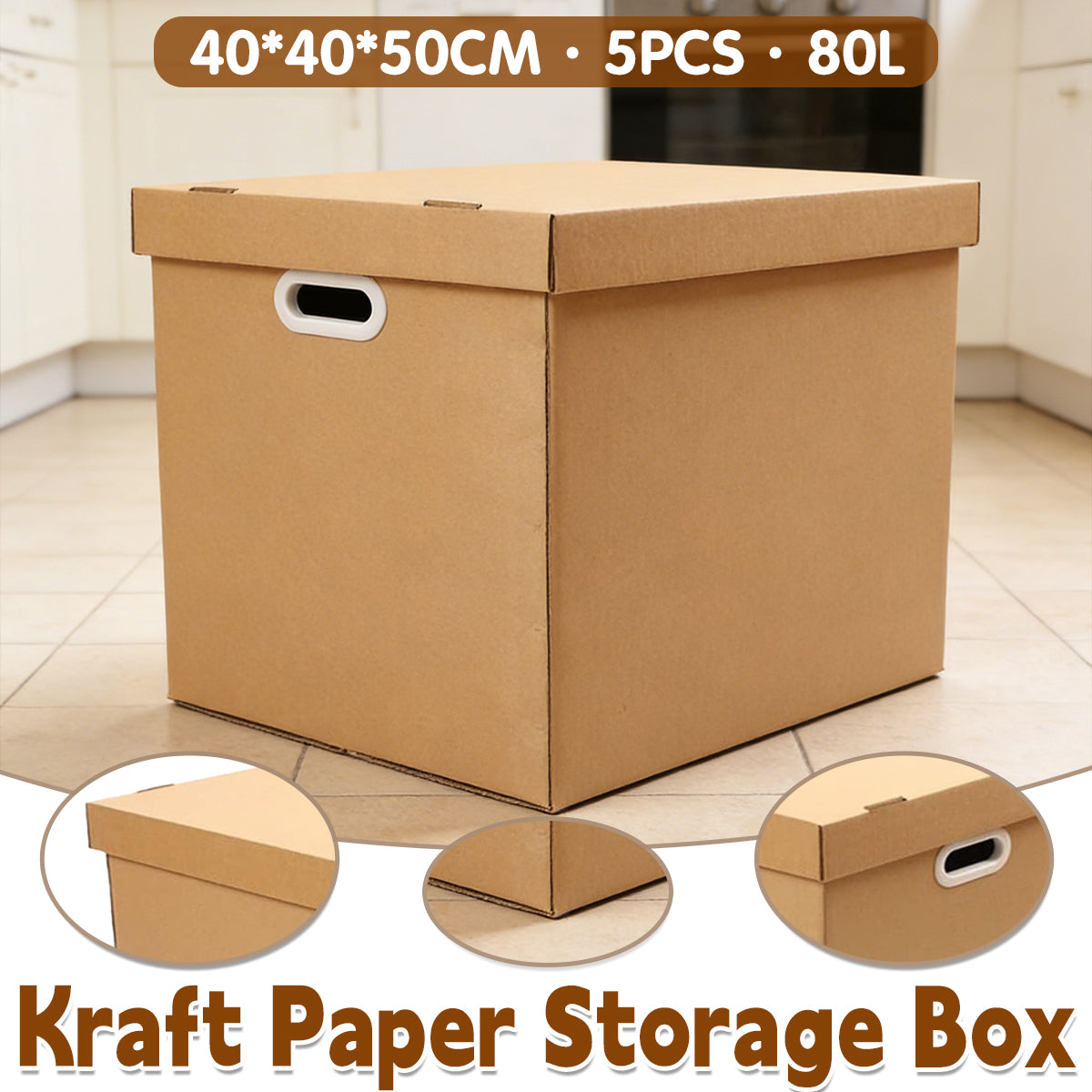 80L Kraft Paper Storage Boxes with Lid Stackable 5PCS