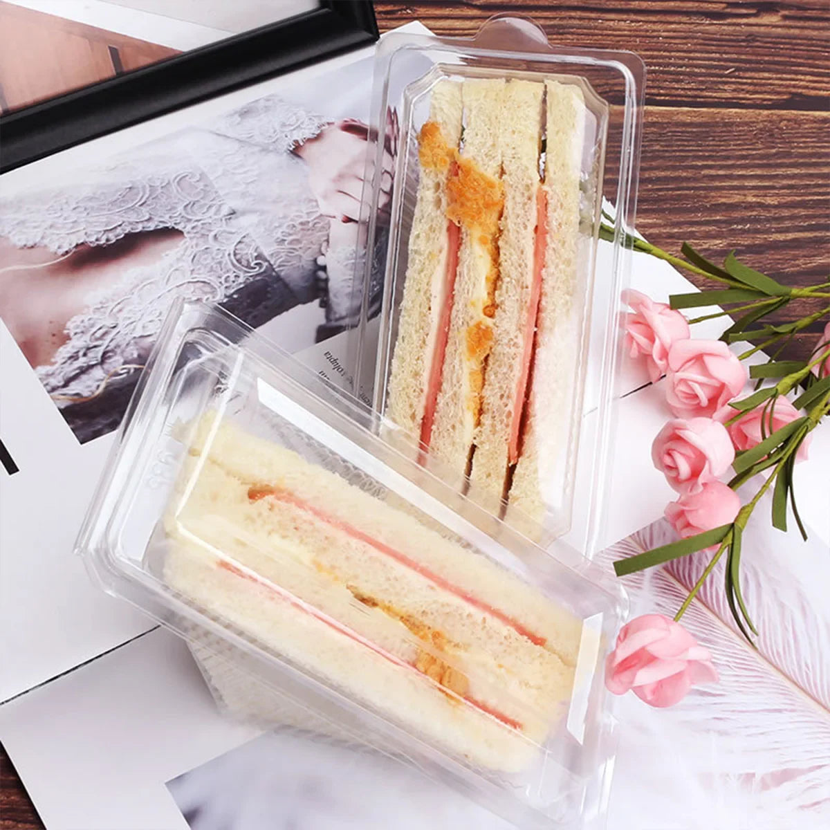 100pcs Transparent Triangle Plastic Sandwich Boxes
