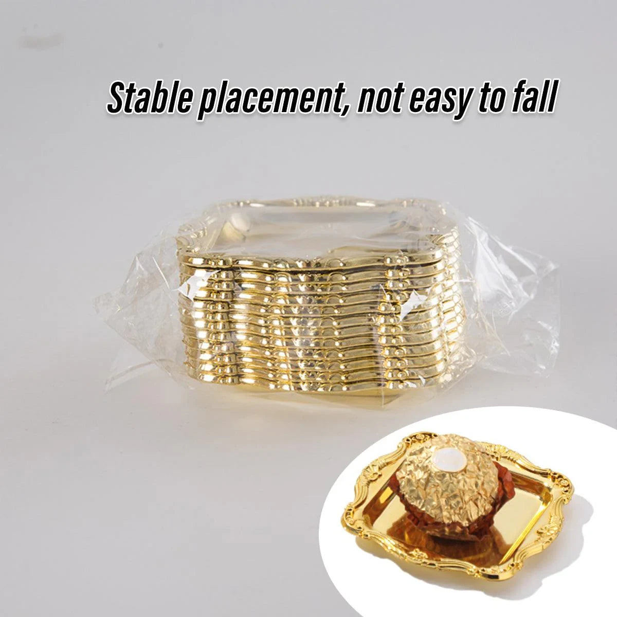 Add elegance to your table with vintage-style square plastic plates. Perfect for serving desserts, chocolates, and snacks. Available in gold and silver. Set of 12.