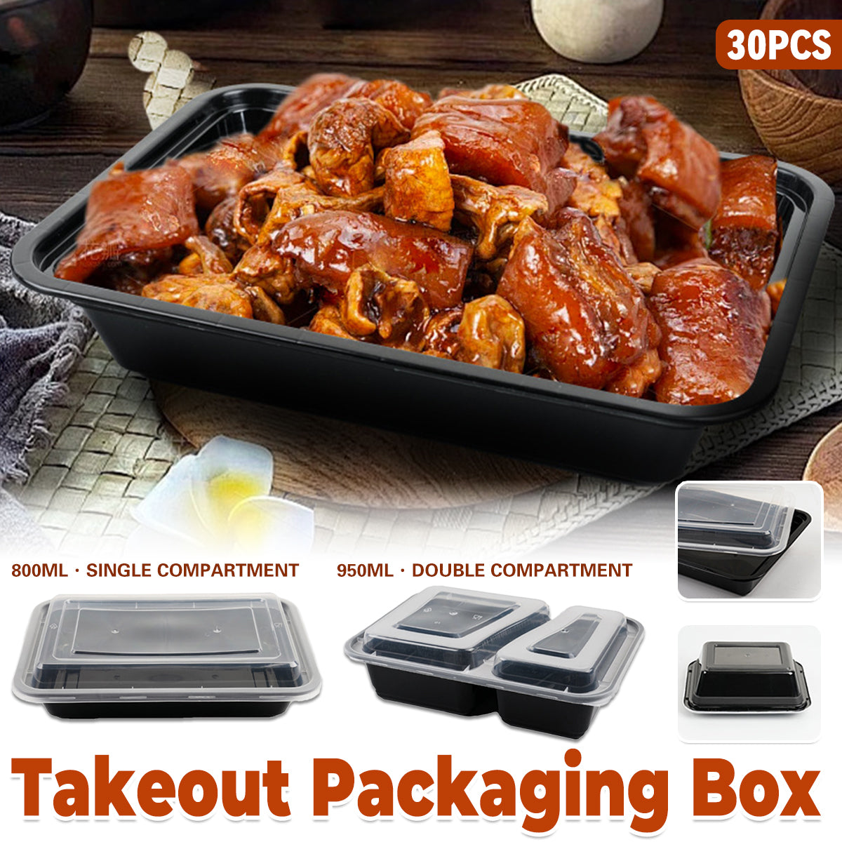 30PCS Food-Grade Takeout Packaging Boxes with Clear Lids for Meal Prep
