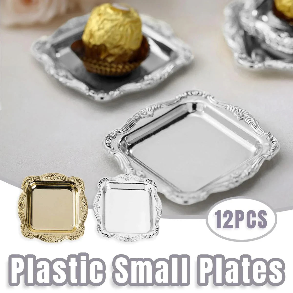 Add elegance to your table with vintage-style square plastic plates. Perfect for serving desserts, chocolates, and snacks. Available in gold and silver. Set of 12.