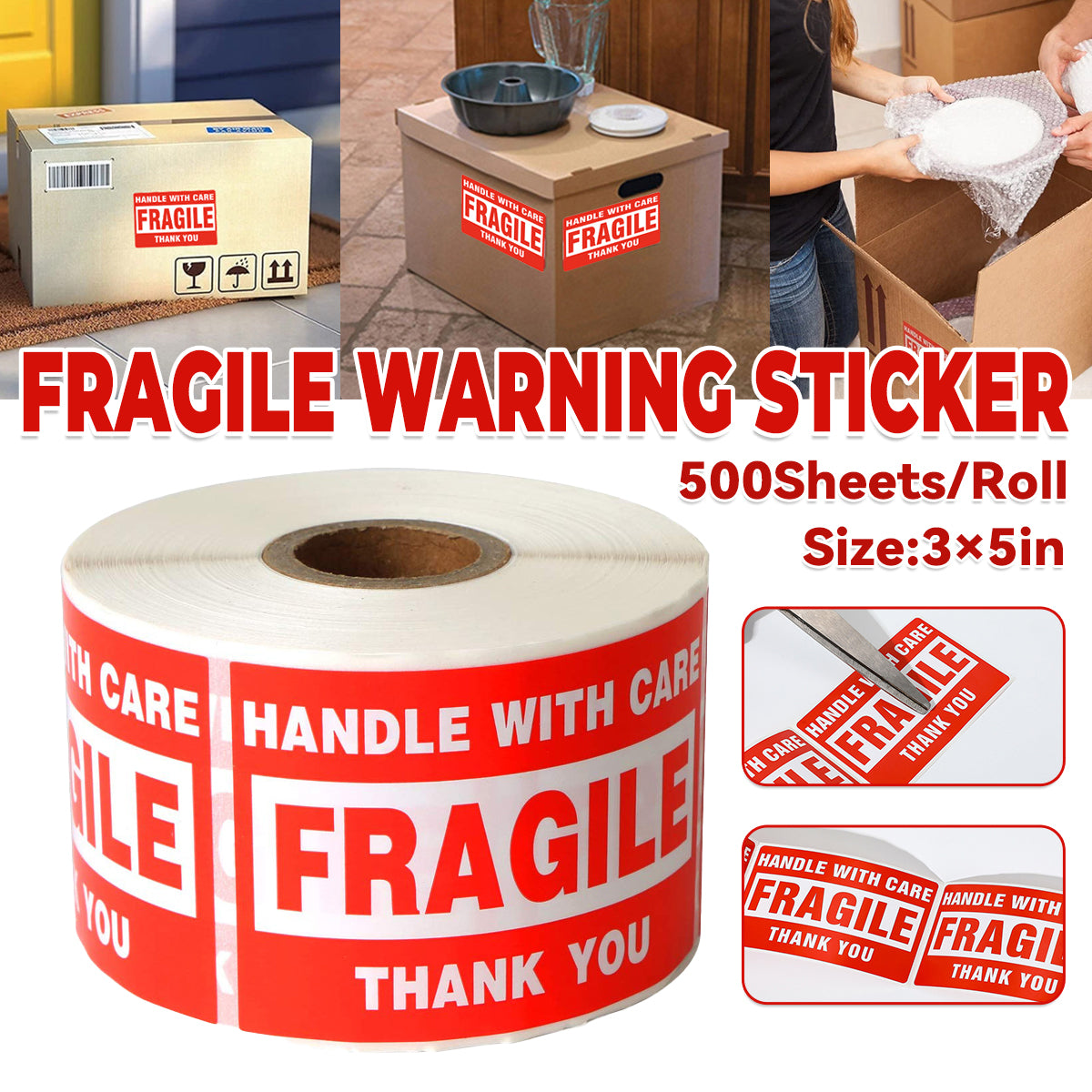 Fragile Warning Stickers Roll 3x5in Shipping Labels 500PCS
