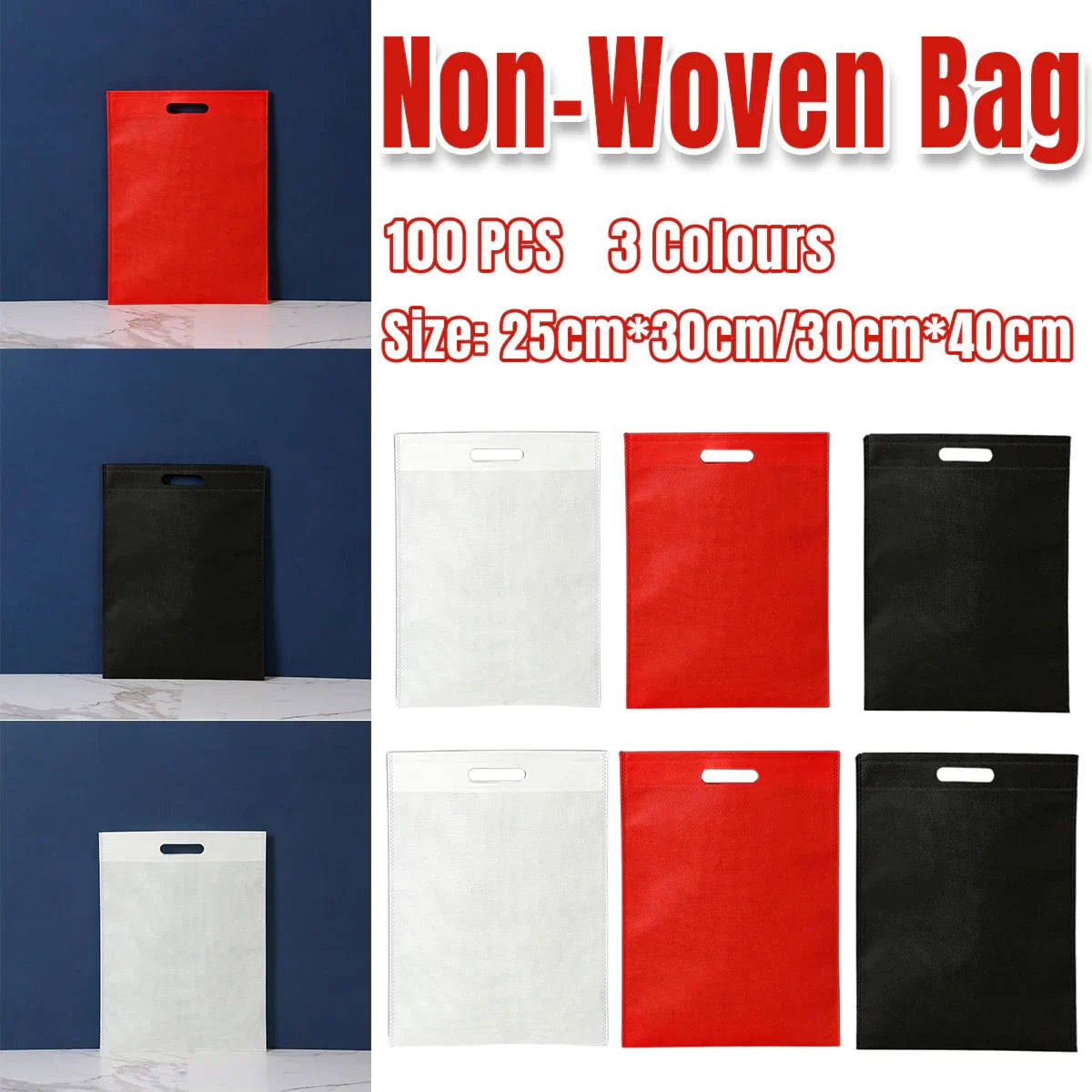 100pcs Portable Non-Woven Flat Pocket Shopping Bags