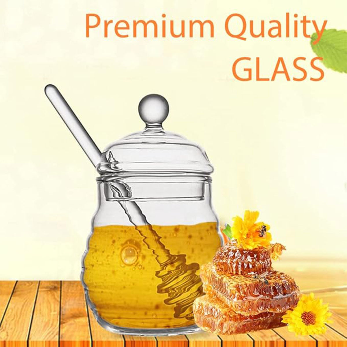 Household Glass Honey Jar with Lid 2PCS Stirring Rod Transparent Honey Bottle