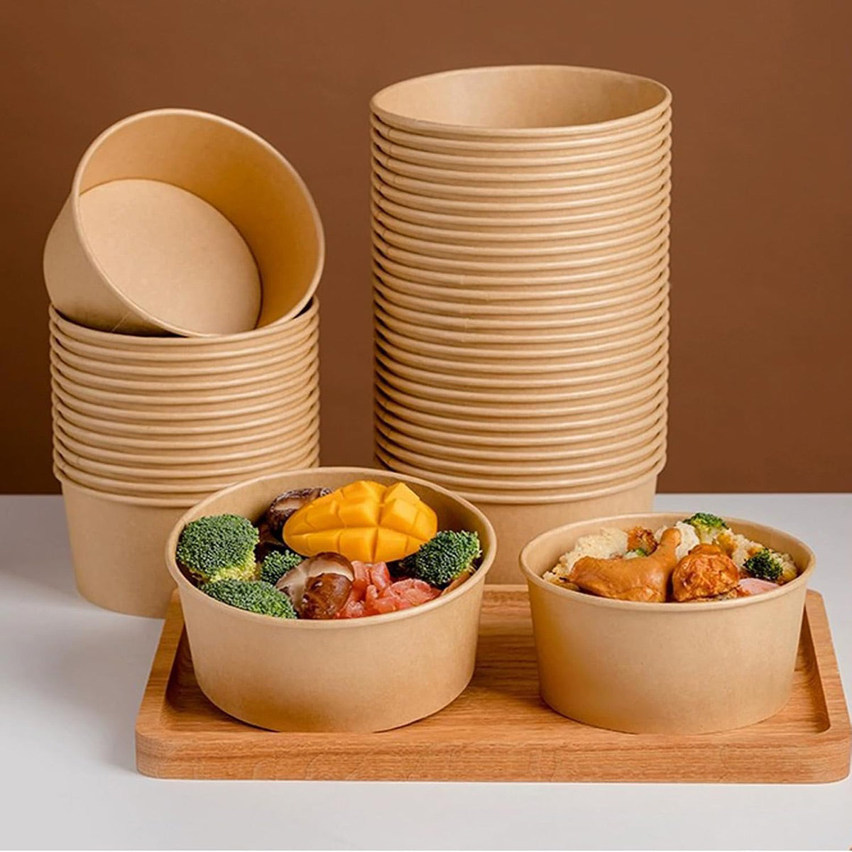 50PCS 750ml Disposable Paper Bowls with Lids Food-Grade for Takeaway Packaging