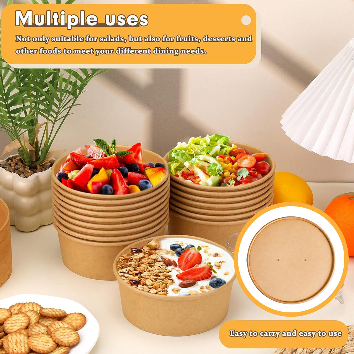 50PCS 750ml Disposable Paper Bowls with Lids Food-Grade for Takeaway Packaging