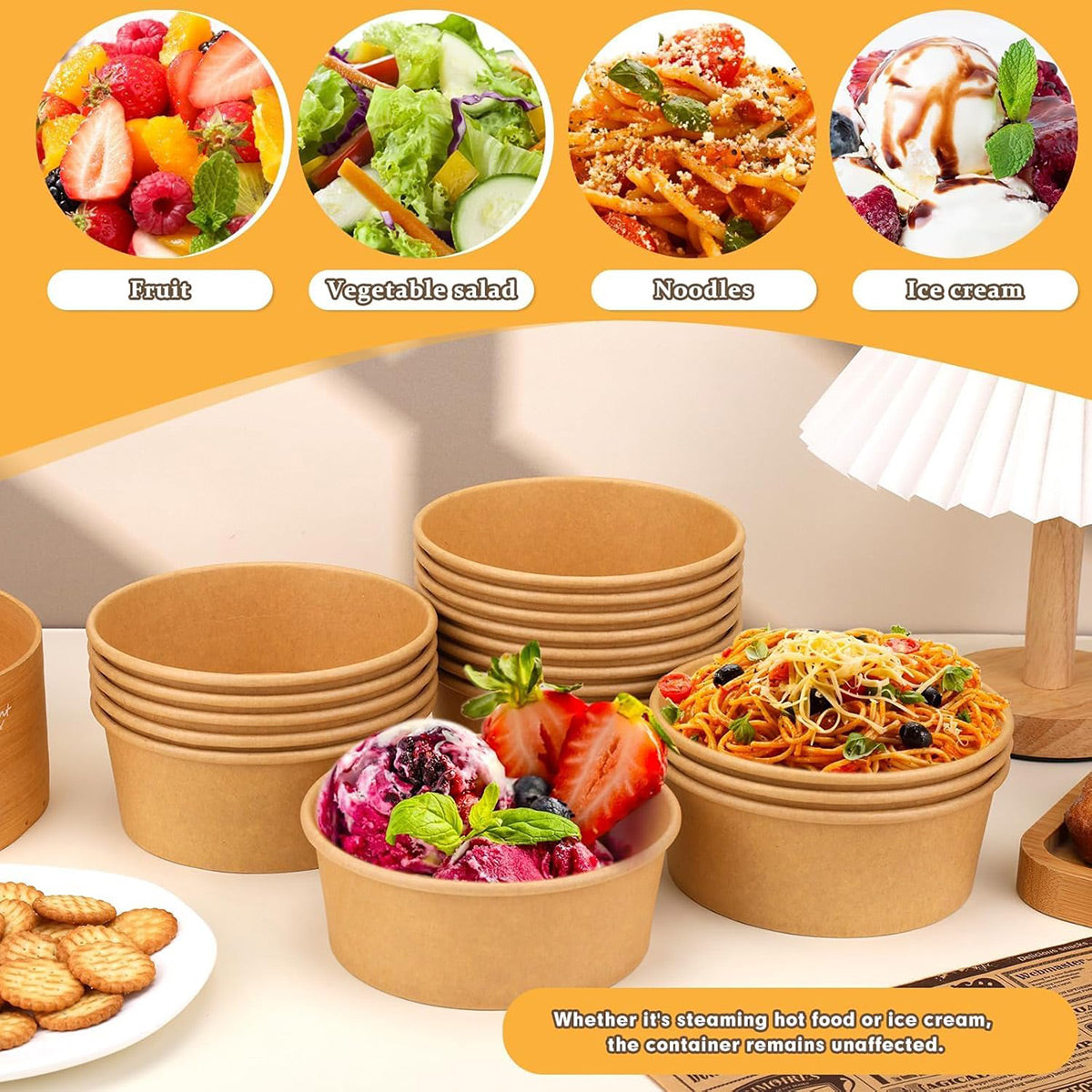 50PCS 750ml Disposable Paper Bowls with Lids Food-Grade for Takeaway Packaging