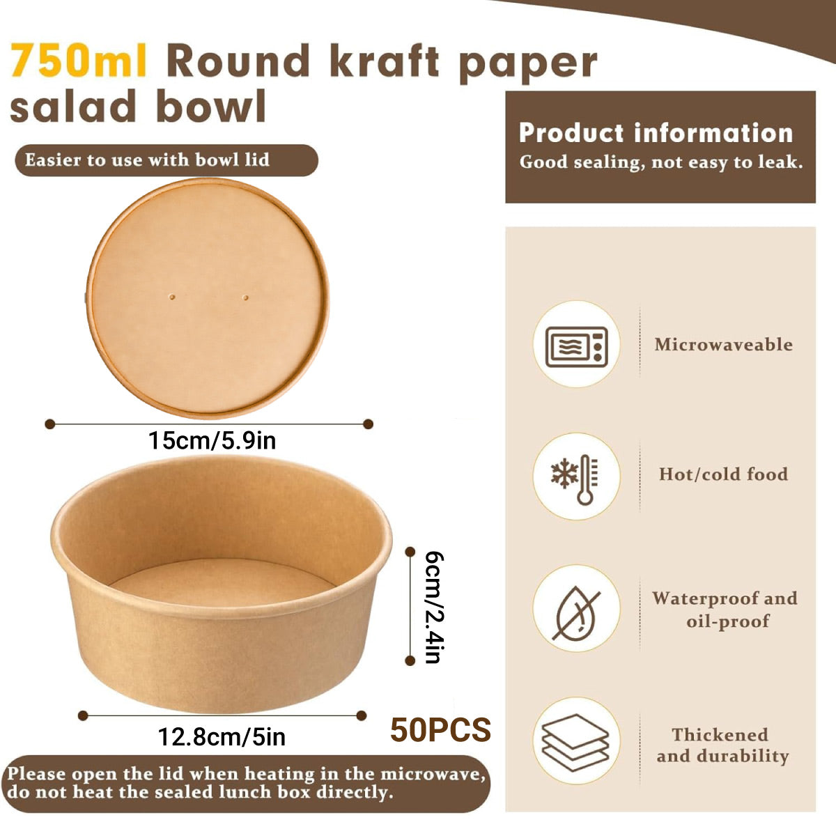 50PCS 750ml Disposable Paper Bowls with Lids Food-Grade for Takeaway Packaging