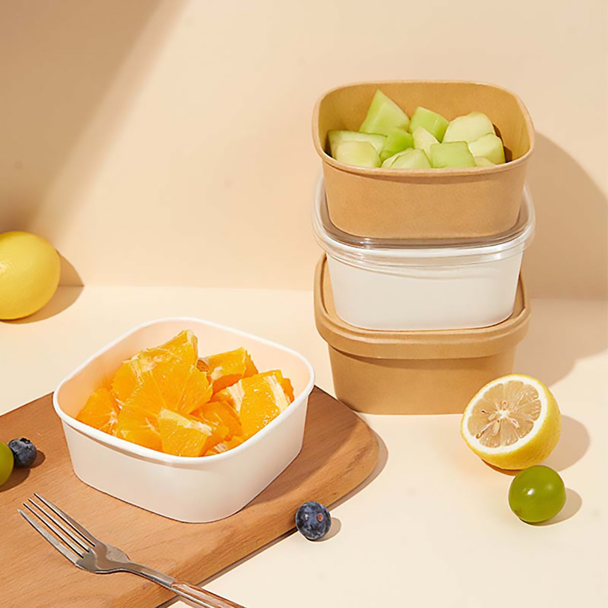 50PCS Disposable Square Food Containers with Lids 750ml Leak-Proof Kraft