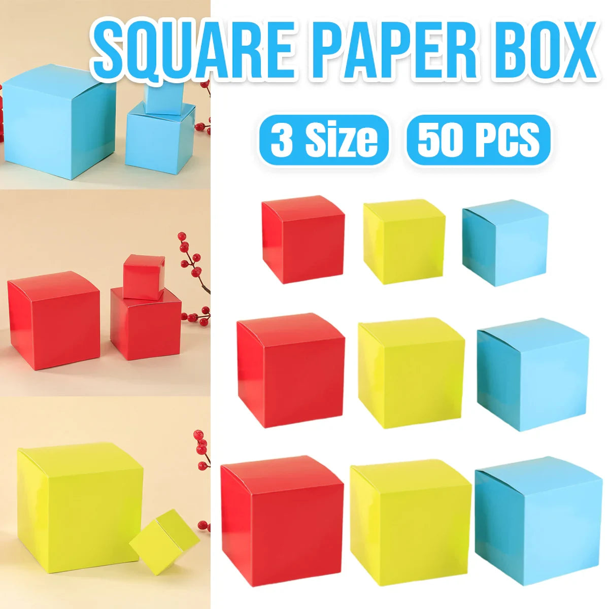 50pcs Colourful Square Paper Gift Packaging Boxes