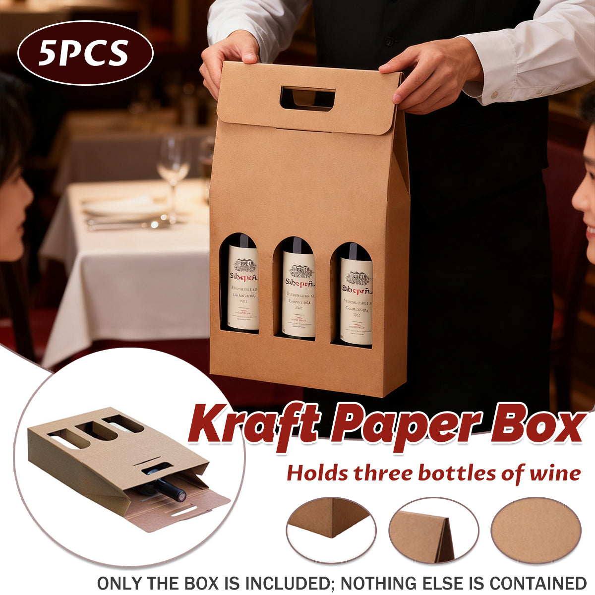 5PCS 3 Bottle Kraft Paper Wine Gift Boxes with Handle Packaging