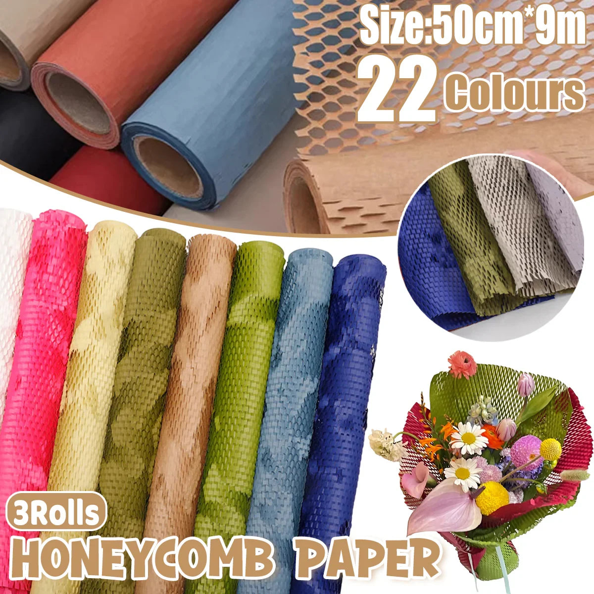 Flower Wrapping Paper 3 Rolls Durable Kraft