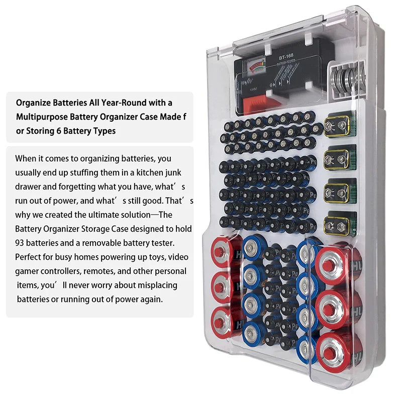 93 Slot Battery Storage Organizer Holder with Tester