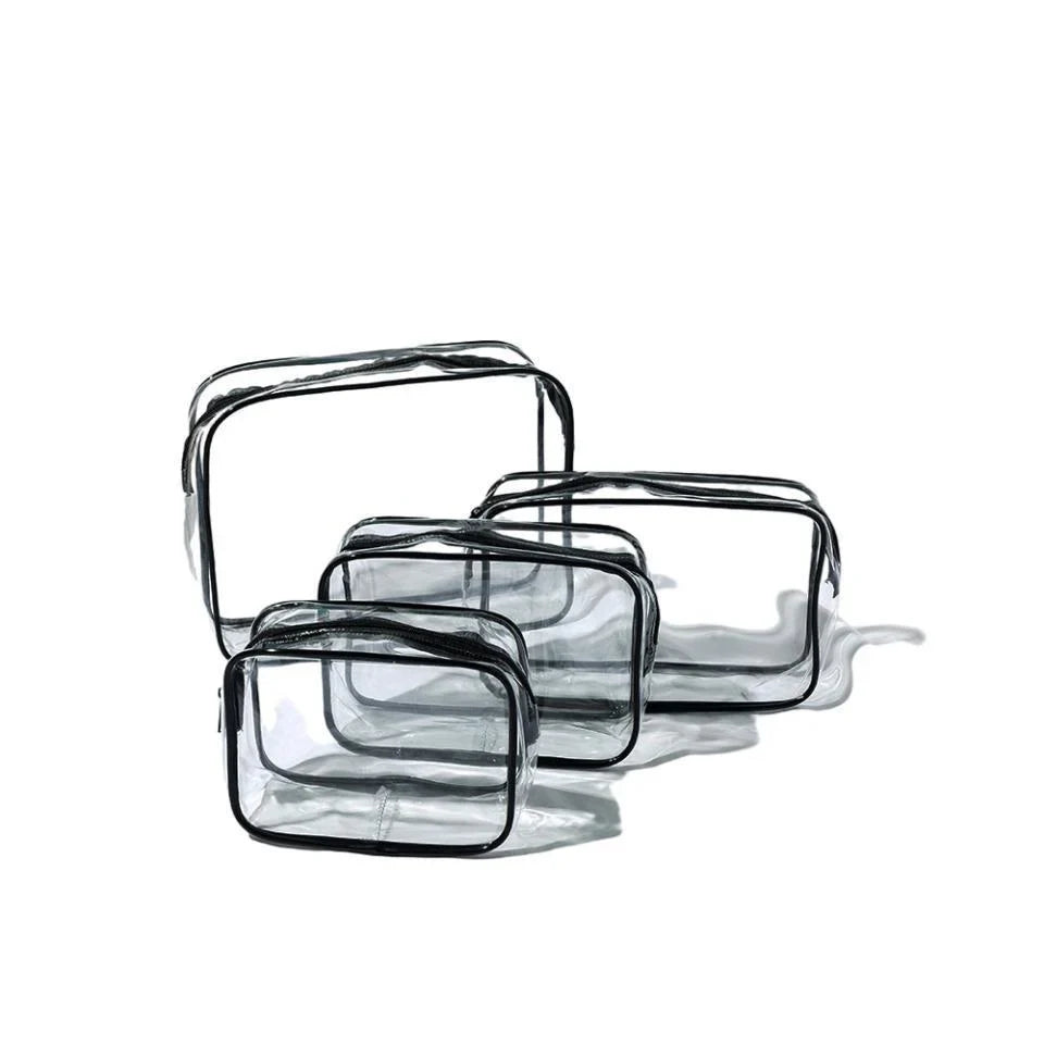 Assorted sizes of transparent toiletry bags in durable PVC