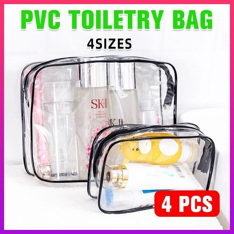 Assorted sizes of transparent toiletry bags in durable PVC