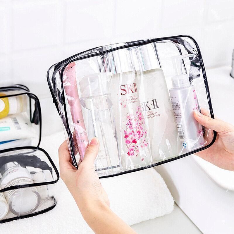 Assorted sizes of transparent toiletry bags in durable PVC