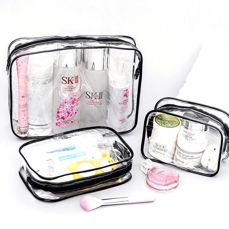 Assorted sizes of transparent toiletry bags in durable PVC