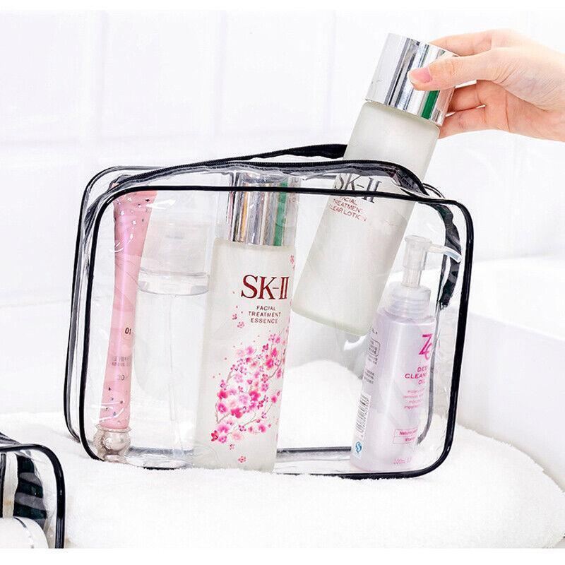 Assorted sizes of transparent toiletry bags in durable PVC