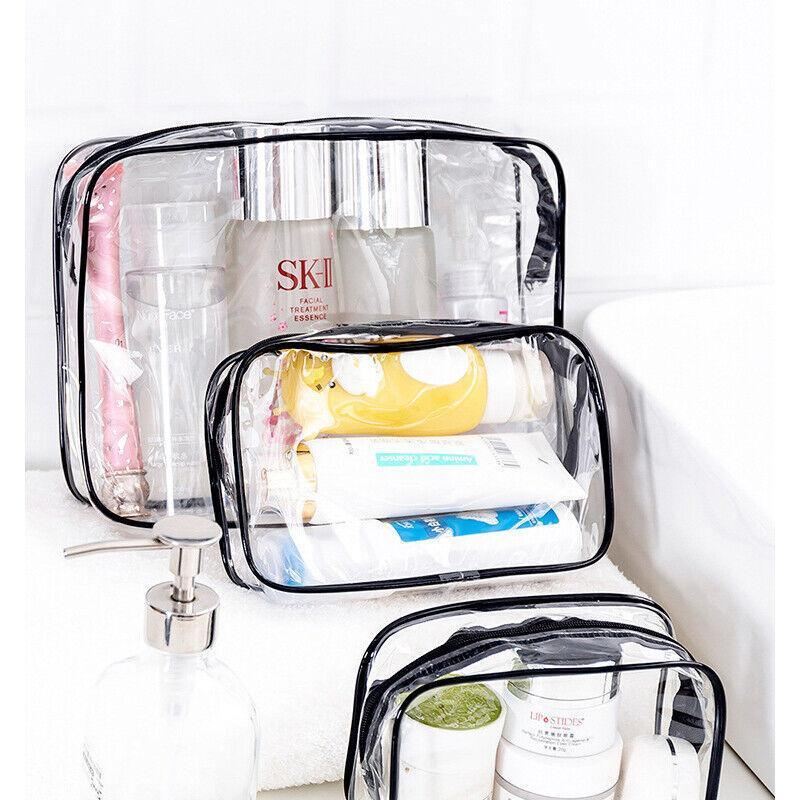 Assorted sizes of transparent toiletry bags in durable PVC