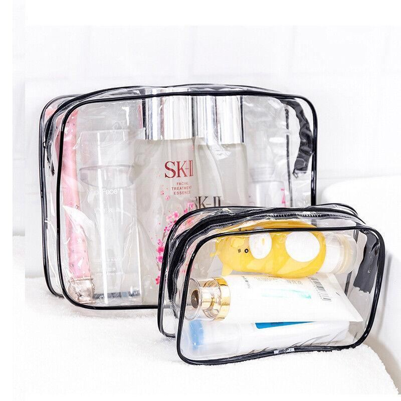Assorted sizes of transparent toiletry bags in durable PVC