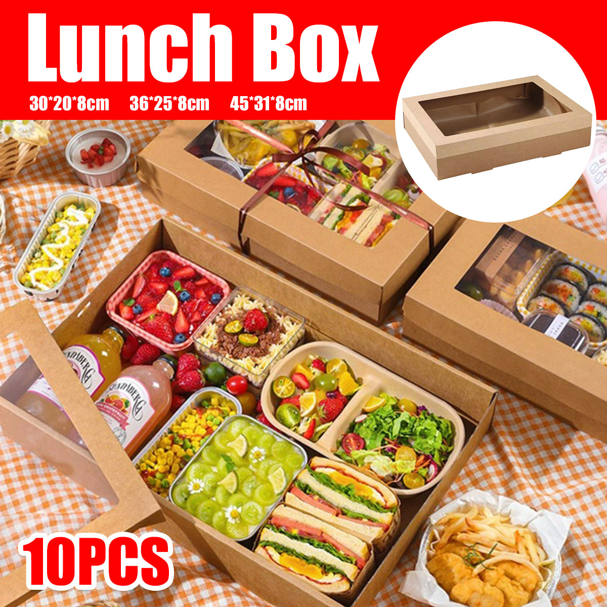 10PCS Kraft Paper Lunch Boxes Food Grade Disposable Bento Packaging