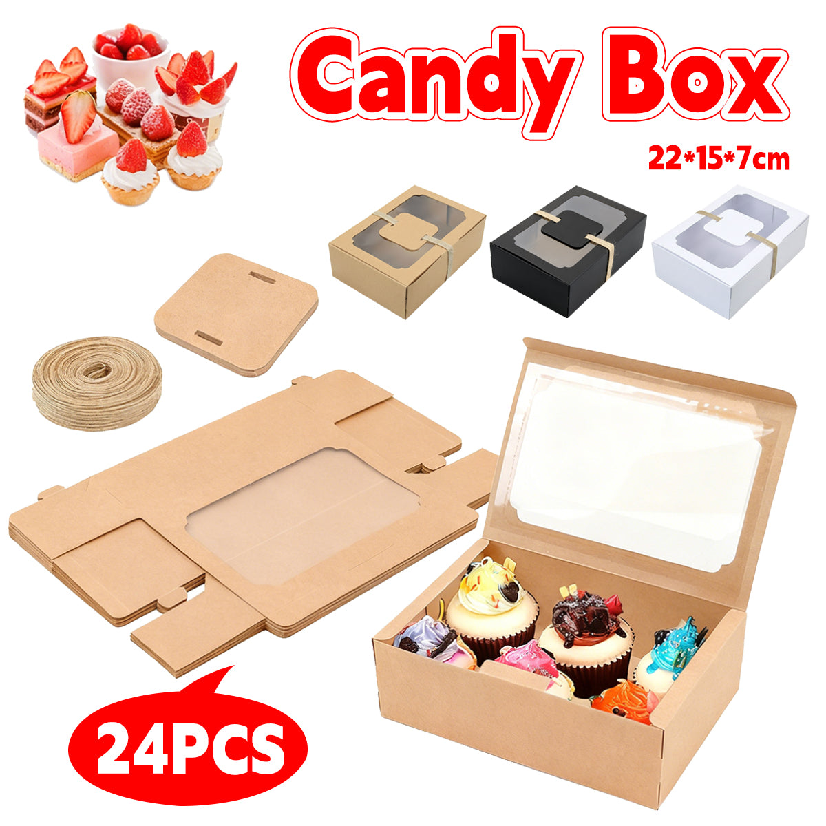 24PCS Kraft Candy Boxes with Clear Window Durable Gift Packaging