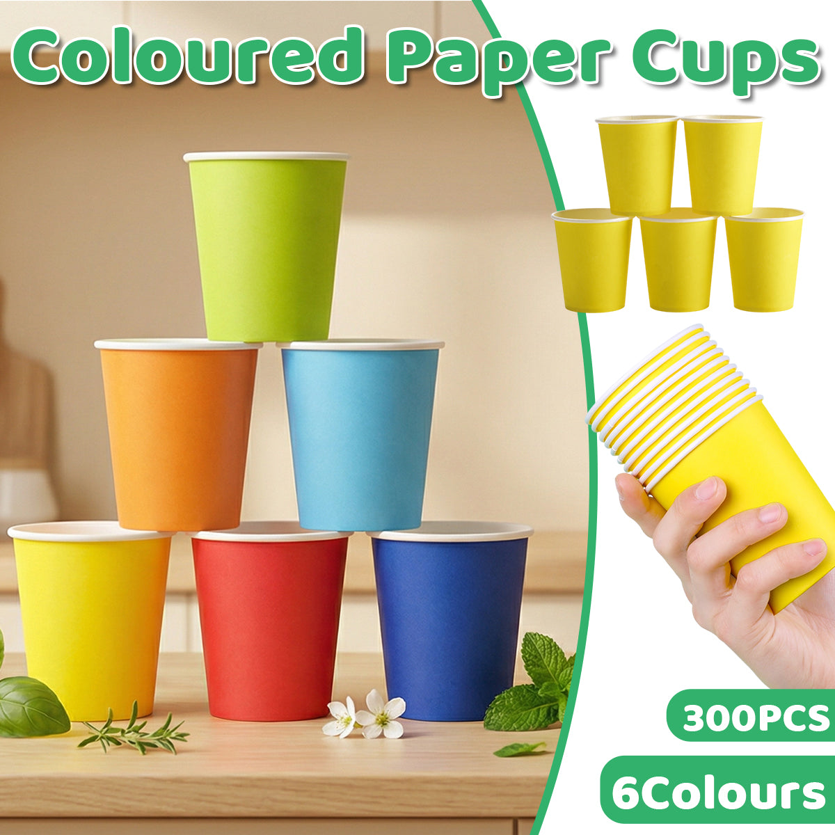 300PCS 6 Colours Disposable Paper Cups Food-Grade Hot and Cold