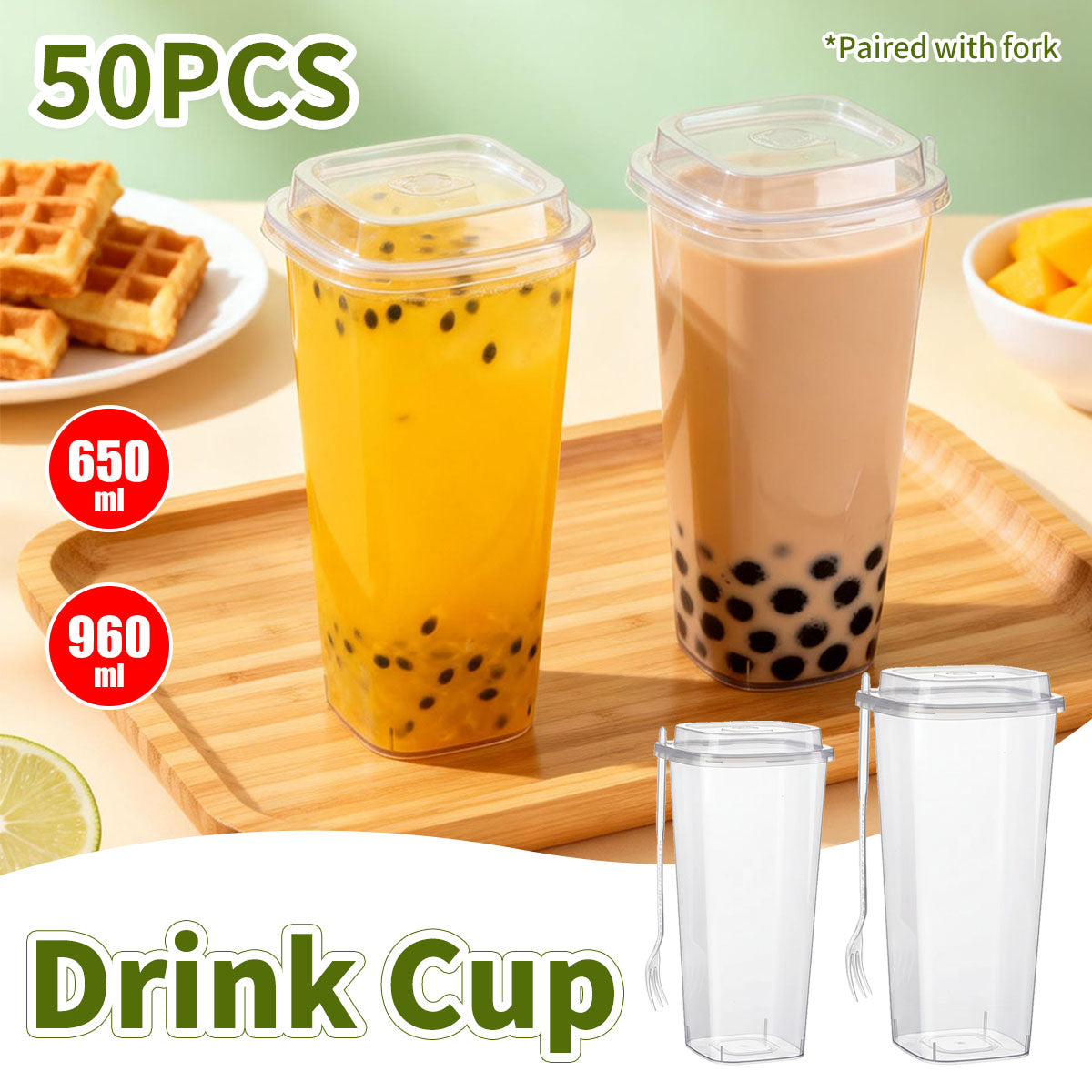 50PCS Fruit Tea Cups with Lids and Forks 650ml 960ml Takeaway Packaging