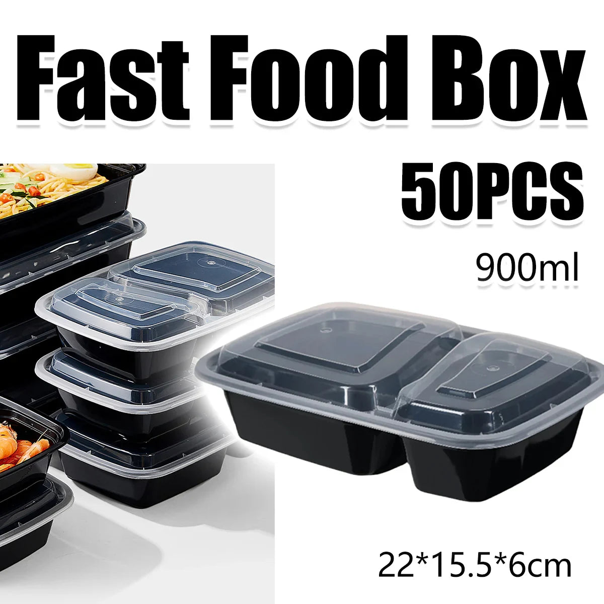 50pcs Disposable Lunch Box 900ml Microwaveable Meal Prep