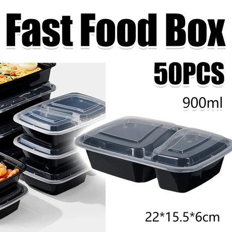 50pcs Disposable Lunch Box 900ml Microwaveable Meal Prep