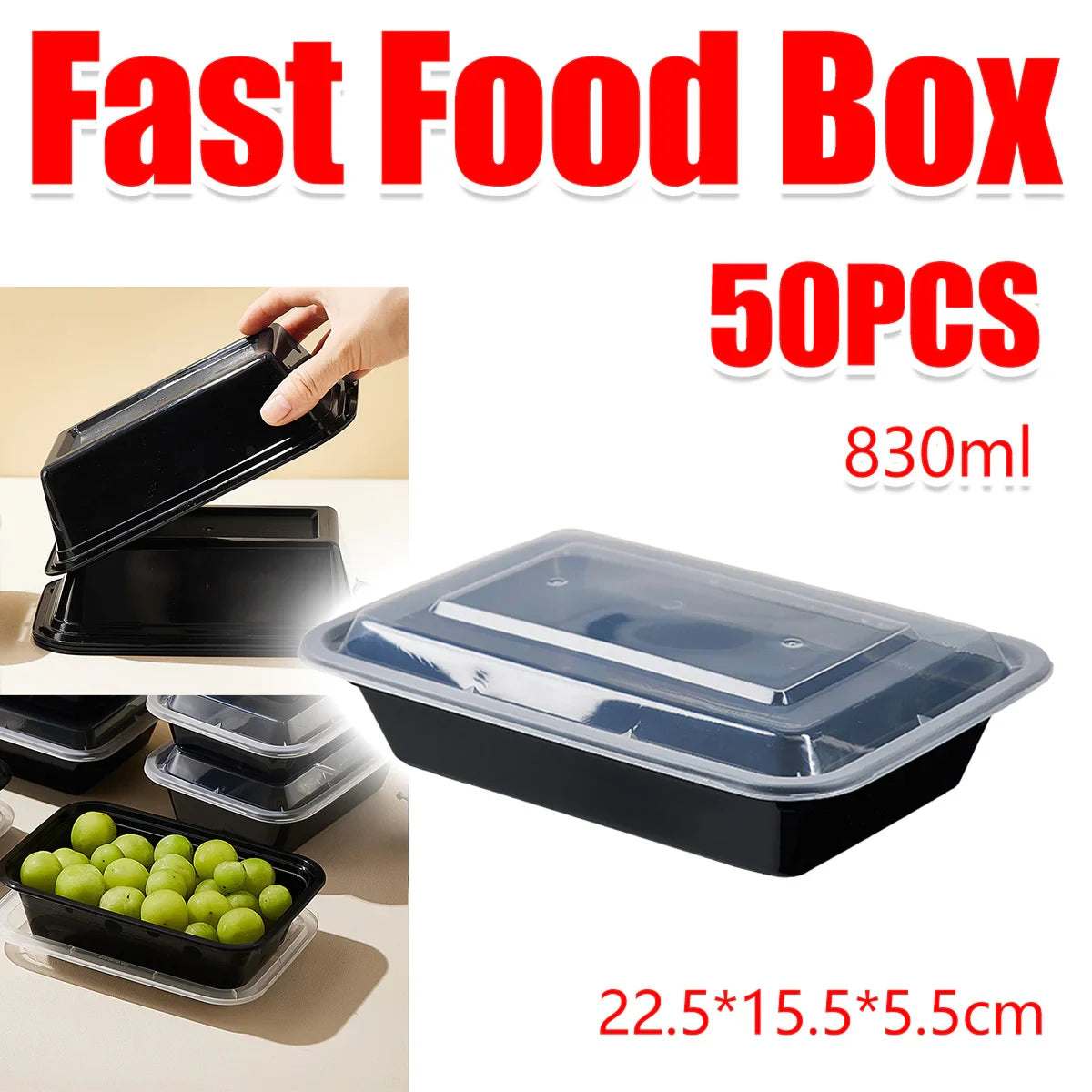 50pcs 830ml Disposable Lunch Box Rectangular Food Container