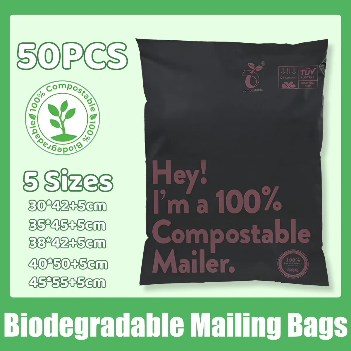 Biodegradable Mailer Bags 50PCS 5Sizes Black Plastic Mailing