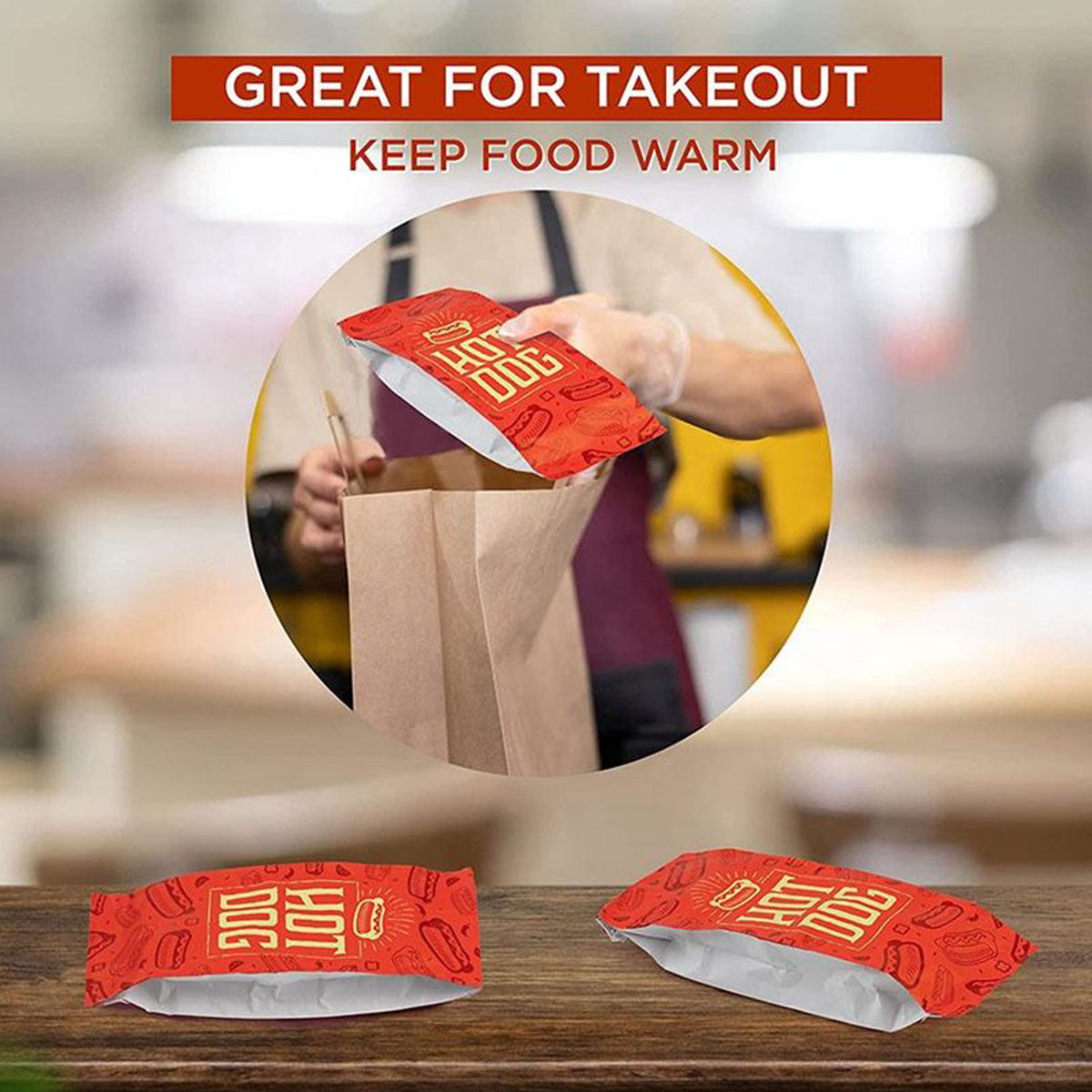 100PCS Hot Dog Foil Lined Oil Proof Takeaway Food Packaging Bags