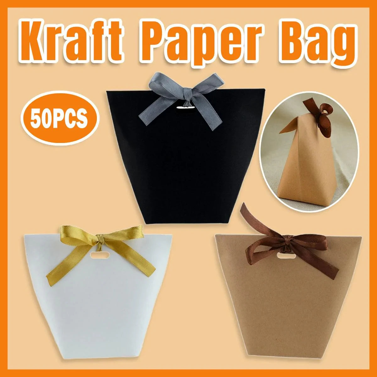 Kraft Paper Gift Bags with Ribbon Closure – 50 Pieces