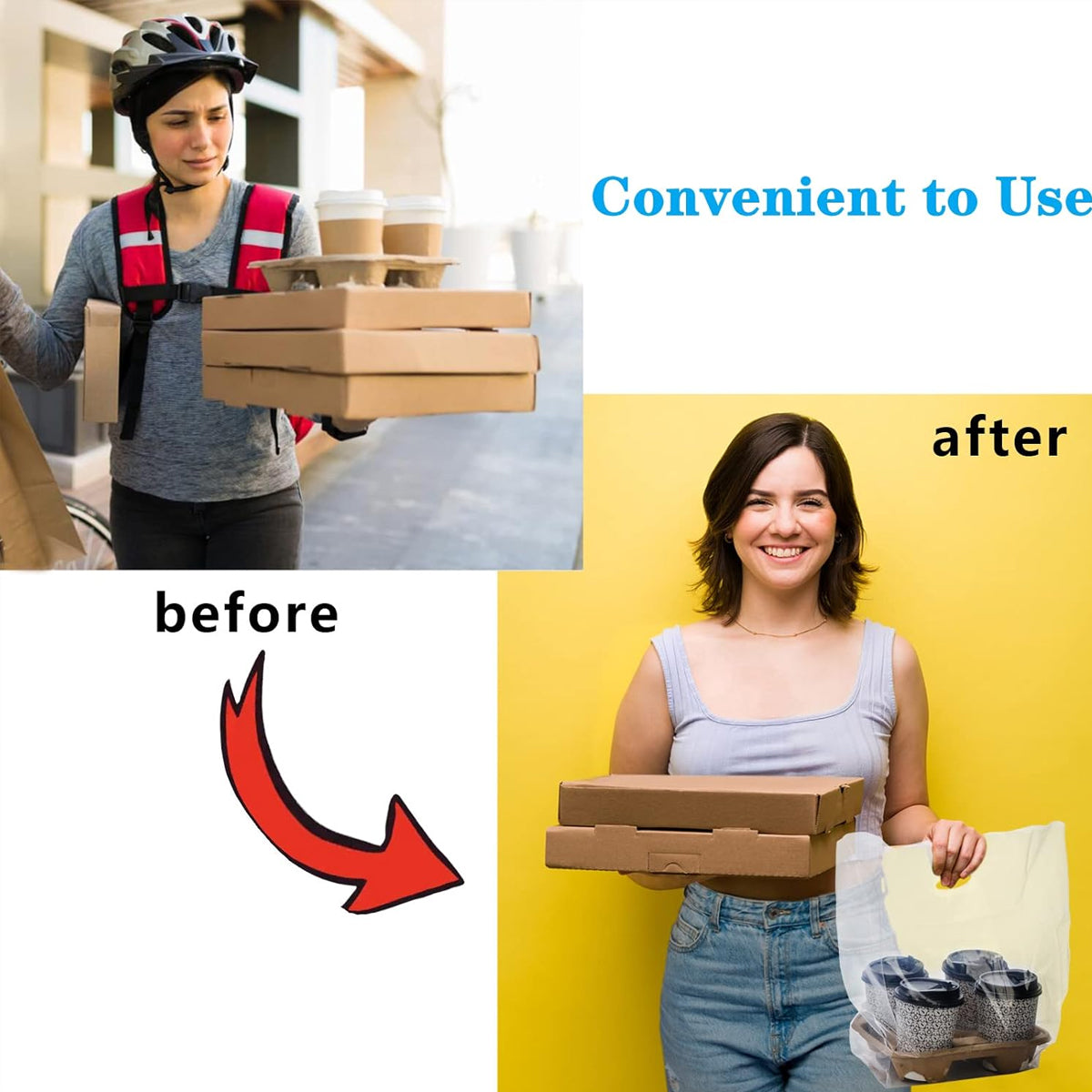 50PCS Clear PE Bags with Handles for Takeout Food Packaging