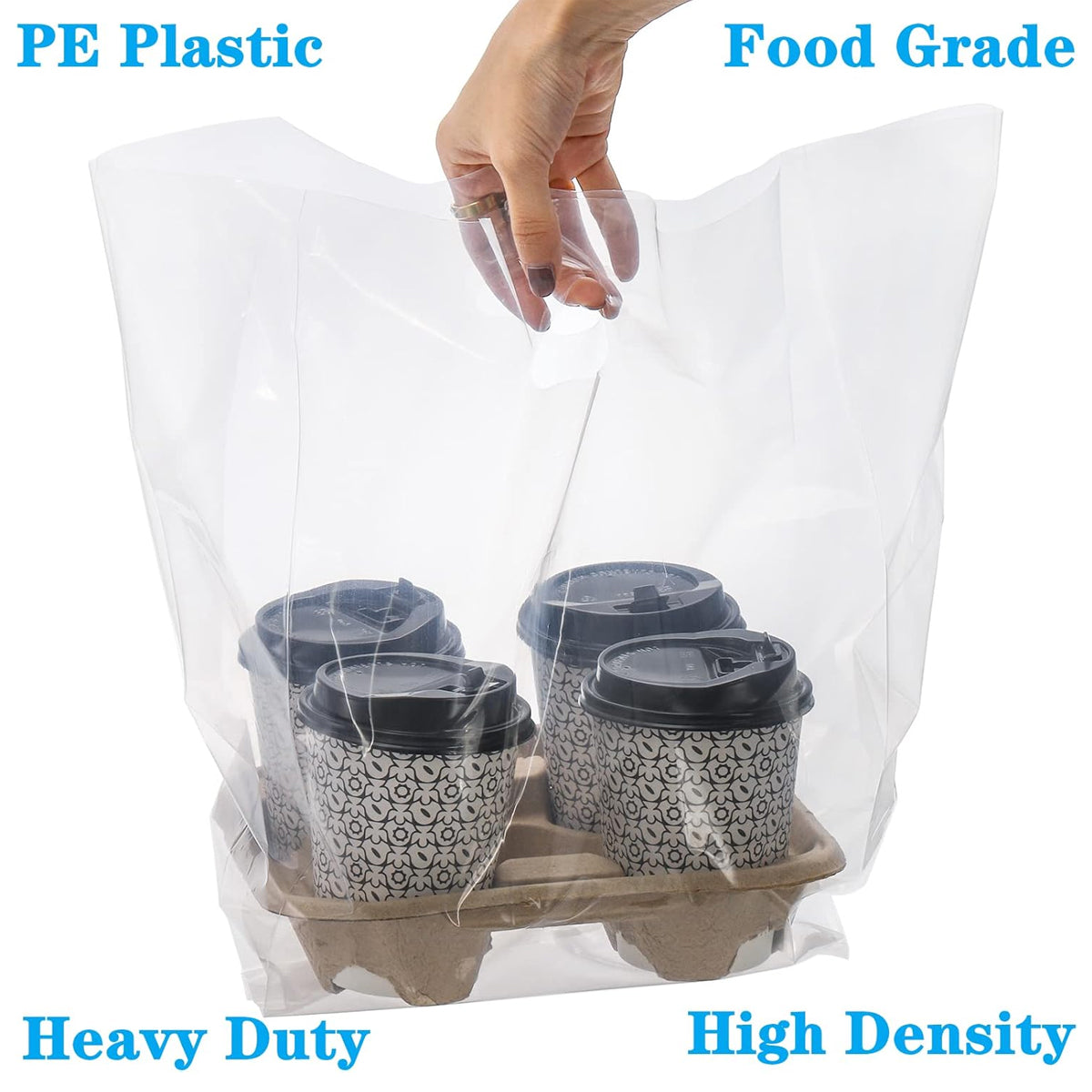 50PCS Clear PE Bags with Handles for Takeout Food Packaging